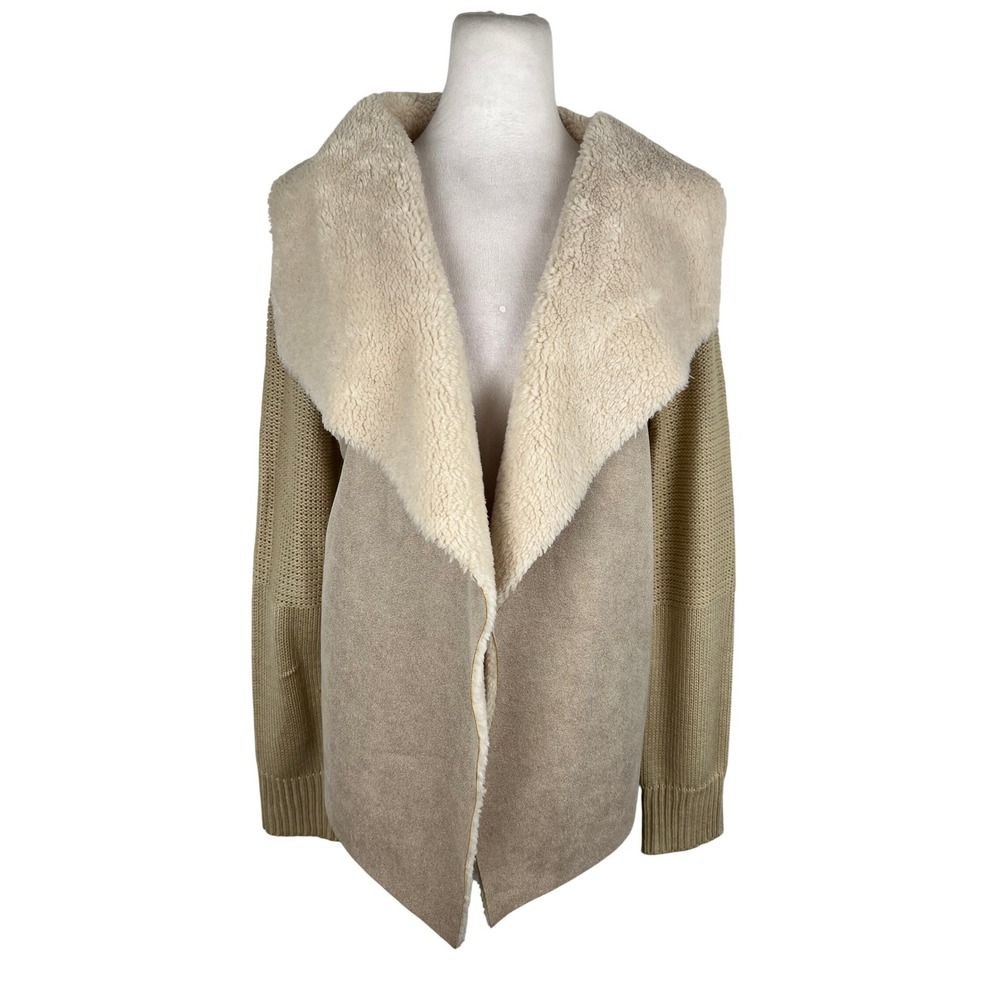 Tan Faux Fur Suede Knit Sweater Large Boho Penny Lane Oversized Minimalist